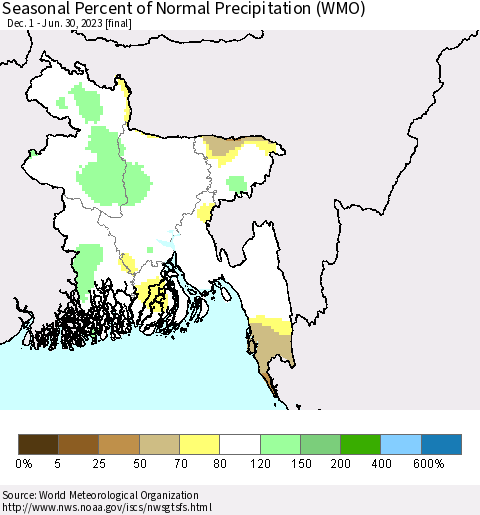 Bangladesh Seasonal Percent of Normal Precipitation (WMO) Thematic Map For 12/1/2022 - 6/30/2023