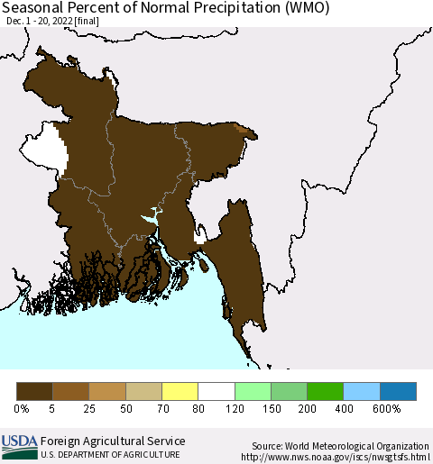 Bangladesh Seasonal Percent of Normal Precipitation (WMO) Thematic Map For 12/1/2022 - 12/20/2022
