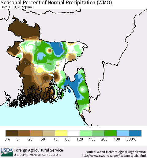 Bangladesh Seasonal Percent of Normal Precipitation (WMO) Thematic Map For 12/1/2022 - 12/31/2022