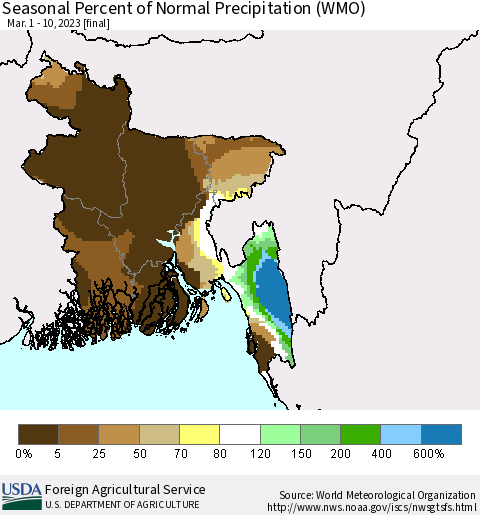 Bangladesh Seasonal Percent of Normal Precipitation (WMO) Thematic Map For 3/1/2023 - 3/10/2023