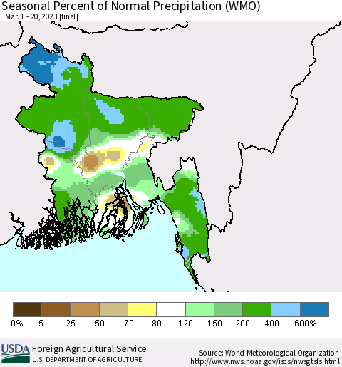 Bangladesh Seasonal Percent of Normal Precipitation (WMO) Thematic Map For 3/1/2023 - 3/20/2023