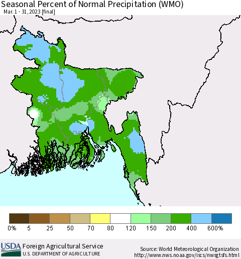 Bangladesh Seasonal Percent of Normal Precipitation (WMO) Thematic Map For 3/1/2023 - 3/31/2023