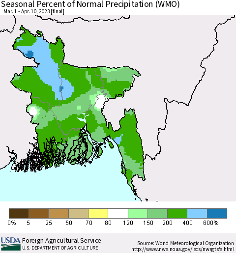 Bangladesh Seasonal Percent of Normal Precipitation (WMO) Thematic Map For 3/1/2023 - 4/10/2023