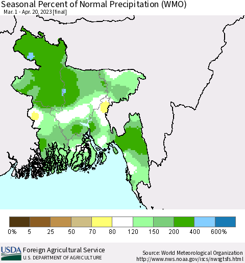 Bangladesh Seasonal Percent of Normal Precipitation (WMO) Thematic Map For 3/1/2023 - 4/20/2023