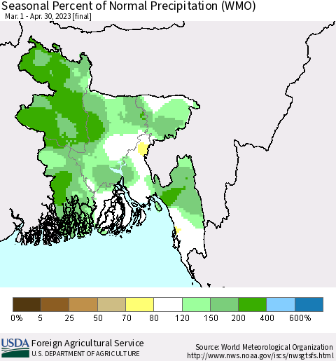 Bangladesh Seasonal Percent of Normal Precipitation (WMO) Thematic Map For 3/1/2023 - 4/30/2023