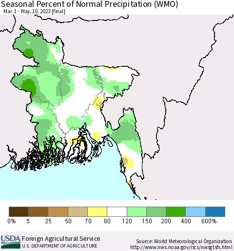 Bangladesh Seasonal Percent of Normal Precipitation (WMO) Thematic Map For 3/1/2023 - 5/10/2023