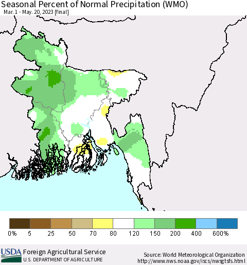 Bangladesh Seasonal Percent of Normal Precipitation (WMO) Thematic Map For 3/1/2023 - 5/20/2023