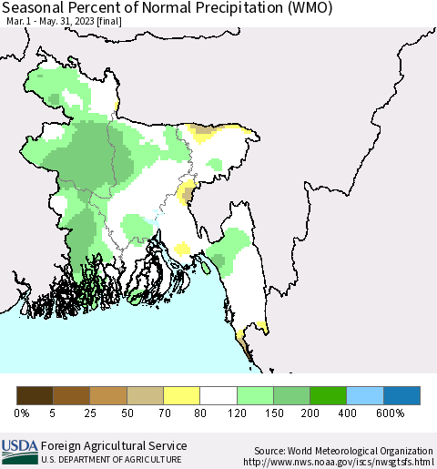 Bangladesh Seasonal Percent of Normal Precipitation (WMO) Thematic Map For 3/1/2023 - 5/31/2023