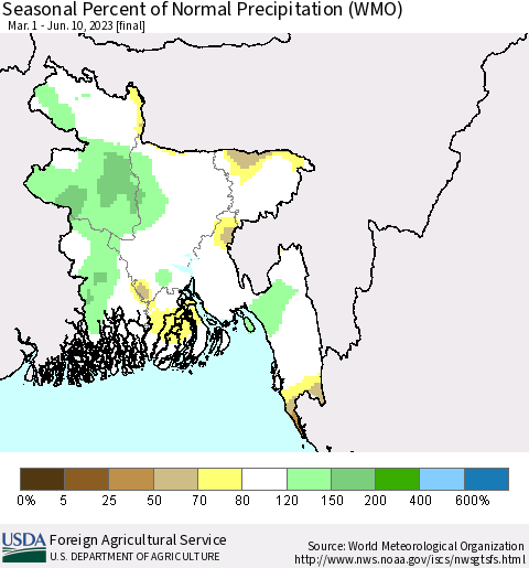 Bangladesh Seasonal Percent of Normal Precipitation (WMO) Thematic Map For 3/1/2023 - 6/10/2023