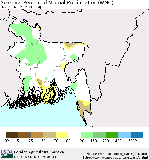 Bangladesh Seasonal Percent of Normal Precipitation (WMO) Thematic Map For 3/1/2023 - 6/20/2023