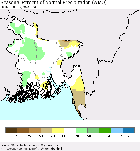 Bangladesh Seasonal Percent of Normal Precipitation (WMO) Thematic Map For 3/1/2023 - 7/10/2023