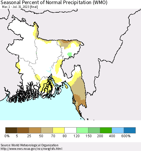 Bangladesh Seasonal Percent of Normal Precipitation (WMO) Thematic Map For 3/1/2023 - 7/31/2023