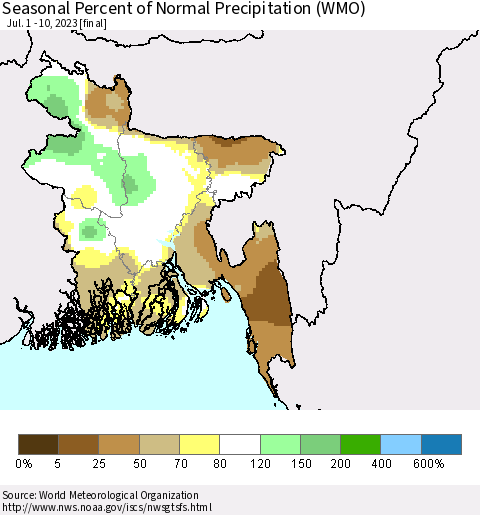 Bangladesh Seasonal Percent of Normal Precipitation (WMO) Thematic Map For 7/1/2023 - 7/10/2023