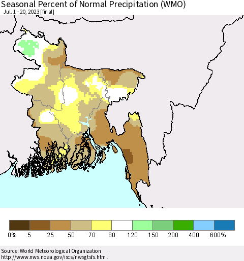 Bangladesh Seasonal Percent of Normal Precipitation (WMO) Thematic Map For 7/1/2023 - 7/20/2023