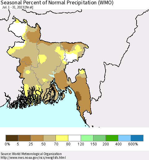 Bangladesh Seasonal Percent of Normal Precipitation (WMO) Thematic Map For 7/1/2023 - 7/31/2023