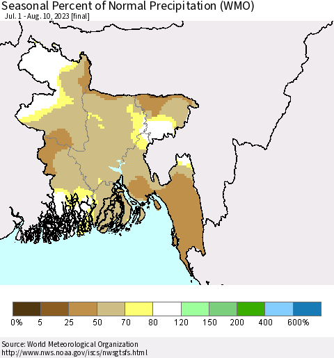 Bangladesh Seasonal Percent of Normal Precipitation (WMO) Thematic Map For 7/1/2023 - 8/10/2023