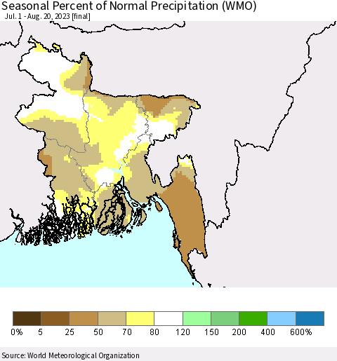 Bangladesh Seasonal Percent of Normal Precipitation (WMO) Thematic Map For 7/1/2023 - 8/20/2023