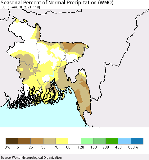 Bangladesh Seasonal Percent of Normal Precipitation (WMO) Thematic Map For 7/1/2023 - 8/31/2023