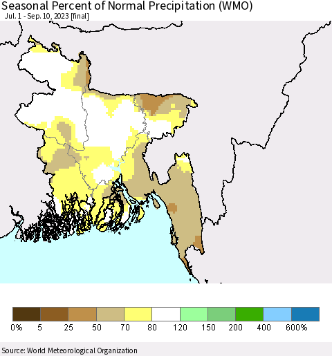 Bangladesh Seasonal Percent of Normal Precipitation (WMO) Thematic Map For 7/1/2023 - 9/10/2023