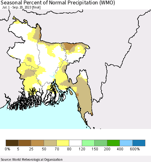 Bangladesh Seasonal Percent of Normal Precipitation (WMO) Thematic Map For 7/1/2023 - 9/20/2023