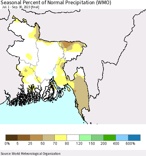 Bangladesh Seasonal Percent of Normal Precipitation (WMO) Thematic Map For 7/1/2023 - 9/30/2023