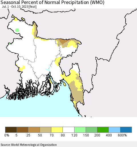 Bangladesh Seasonal Percent of Normal Precipitation (WMO) Thematic Map For 7/1/2023 - 10/10/2023
