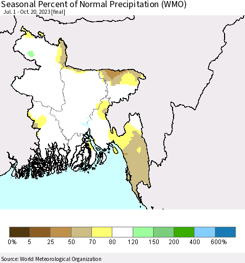 Bangladesh Seasonal Percent of Normal Precipitation (WMO) Thematic Map For 7/1/2023 - 10/20/2023