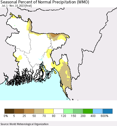 Bangladesh Seasonal Percent of Normal Precipitation (WMO) Thematic Map For 7/1/2023 - 11/10/2023