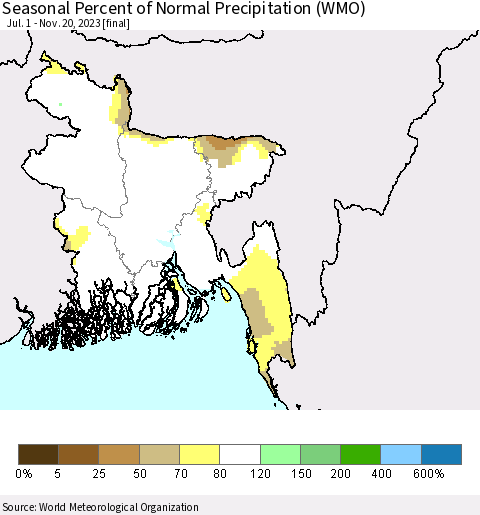 Bangladesh Seasonal Percent of Normal Precipitation (WMO) Thematic Map For 7/1/2023 - 11/20/2023