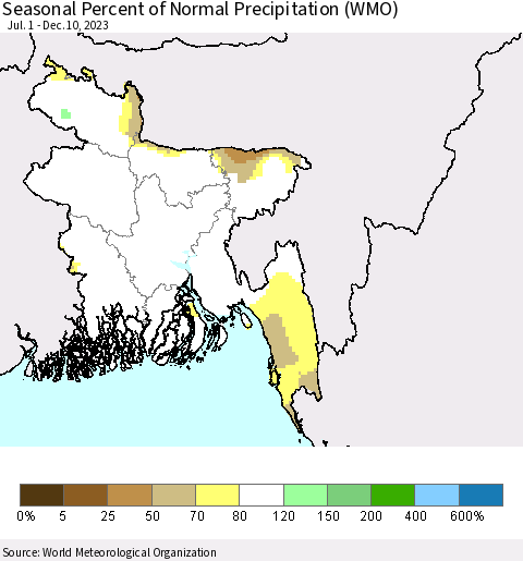 Bangladesh Seasonal Percent of Normal Precipitation (WMO) Thematic Map For 7/1/2023 - 12/10/2023