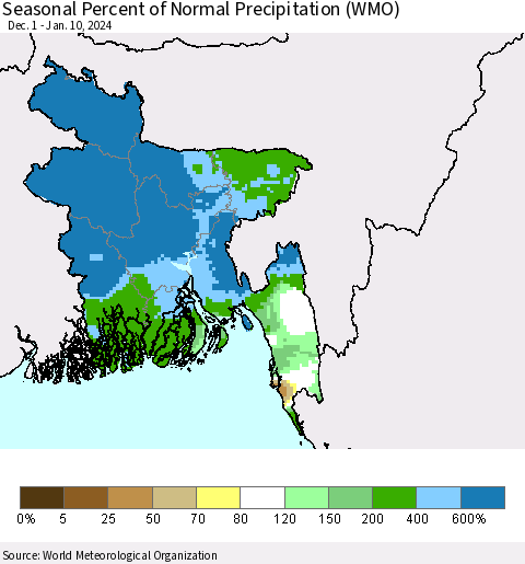 Bangladesh Seasonal Percent of Normal Precipitation (WMO) Thematic Map For 12/1/2023 - 1/10/2024