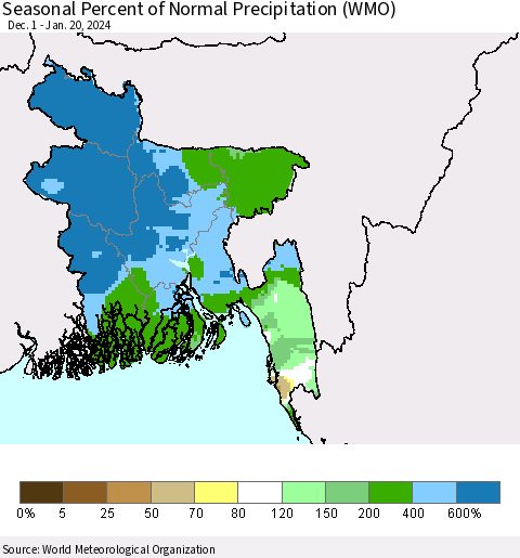 Bangladesh Seasonal Percent of Normal Precipitation (WMO) Thematic Map For 12/1/2023 - 1/20/2024