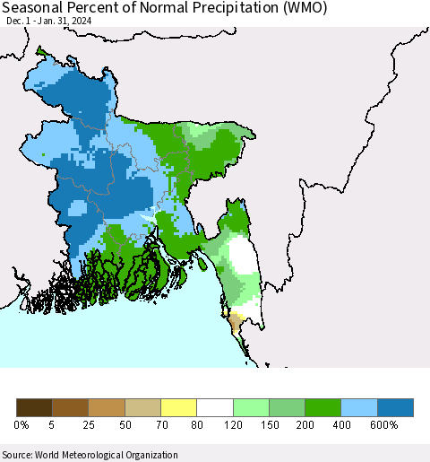 Bangladesh Seasonal Percent of Normal Precipitation (WMO) Thematic Map For 12/1/2023 - 1/31/2024