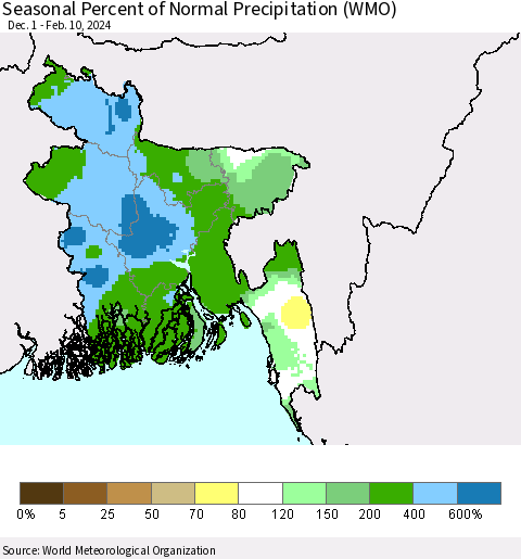 Bangladesh Seasonal Percent of Normal Precipitation (WMO) Thematic Map For 12/1/2023 - 2/10/2024