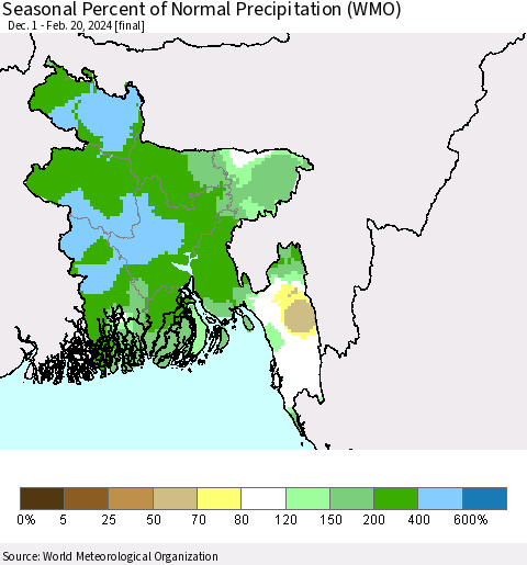 Bangladesh Seasonal Percent of Normal Precipitation (WMO) Thematic Map For 12/1/2023 - 2/20/2024