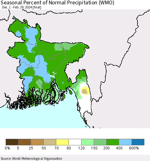 Bangladesh Seasonal Percent of Normal Precipitation (WMO) Thematic Map For 12/1/2023 - 2/29/2024