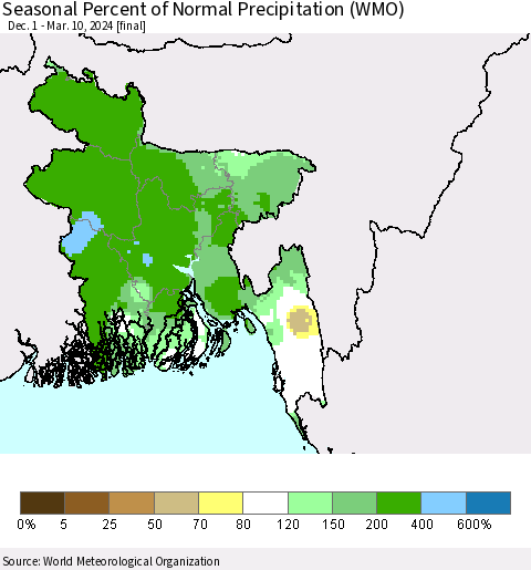 Bangladesh Seasonal Percent of Normal Precipitation (WMO) Thematic Map For 12/1/2023 - 3/10/2024