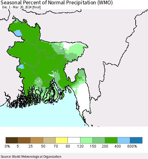 Bangladesh Seasonal Percent of Normal Precipitation (WMO) Thematic Map For 12/1/2023 - 3/20/2024