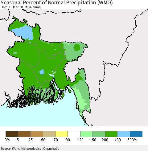 Bangladesh Seasonal Percent of Normal Precipitation (WMO) Thematic Map For 12/1/2023 - 3/31/2024