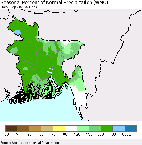 Bangladesh Seasonal Percent of Normal Precipitation (WMO) Thematic Map For 12/1/2023 - 4/10/2024