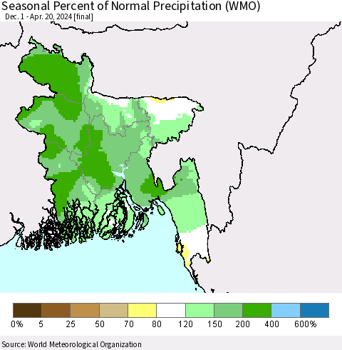 Bangladesh Seasonal Percent of Normal Precipitation (WMO) Thematic Map For 12/1/2023 - 4/20/2024