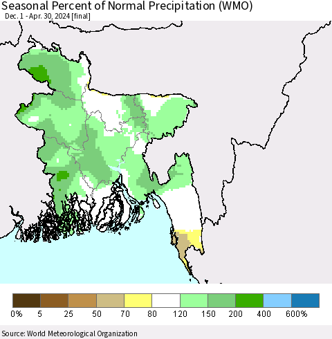 Bangladesh Seasonal Percent of Normal Precipitation (WMO) Thematic Map For 12/1/2023 - 4/30/2024