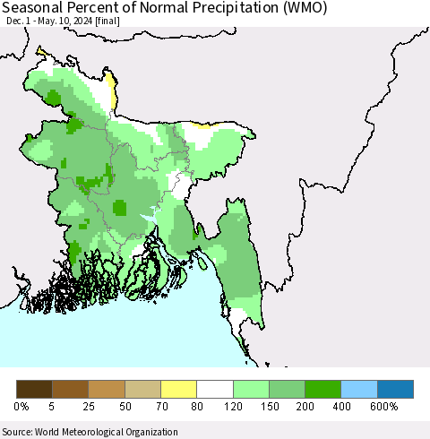 Bangladesh Seasonal Percent of Normal Precipitation (WMO) Thematic Map For 12/1/2023 - 5/10/2024