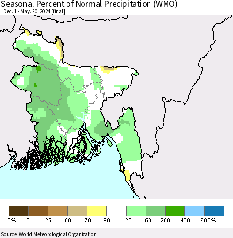Bangladesh Seasonal Percent of Normal Precipitation (WMO) Thematic Map For 12/1/2023 - 5/20/2024