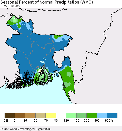 Bangladesh Seasonal Percent of Normal Precipitation (WMO) Thematic Map For 12/1/2023 - 12/10/2023