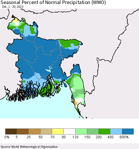 Bangladesh Seasonal Percent of Normal Precipitation (WMO) Thematic Map For 12/1/2023 - 12/20/2023