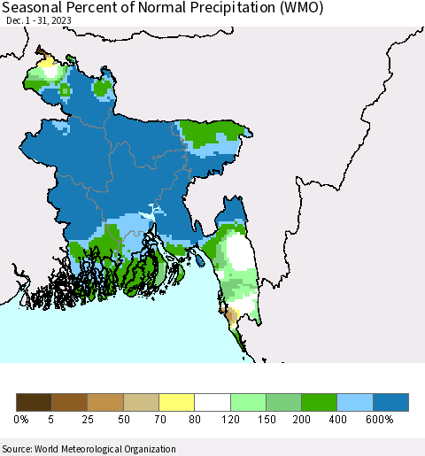 Bangladesh Seasonal Percent of Normal Precipitation (WMO) Thematic Map For 12/1/2023 - 12/31/2023