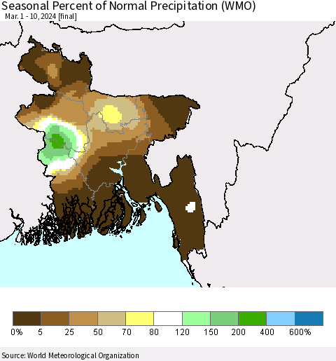 Bangladesh Seasonal Percent of Normal Precipitation (WMO) Thematic Map For 3/1/2024 - 3/10/2024