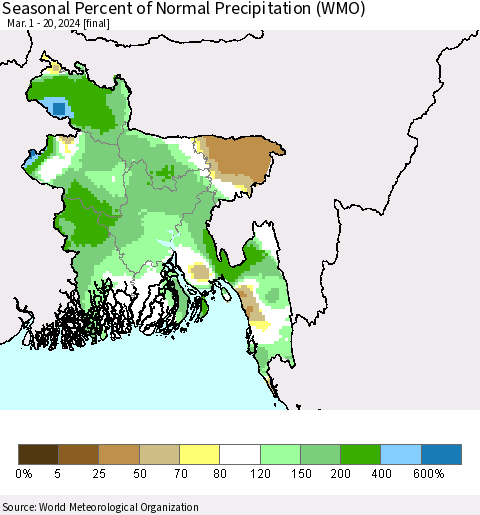 Bangladesh Seasonal Percent of Normal Precipitation (WMO) Thematic Map For 3/1/2024 - 3/20/2024
