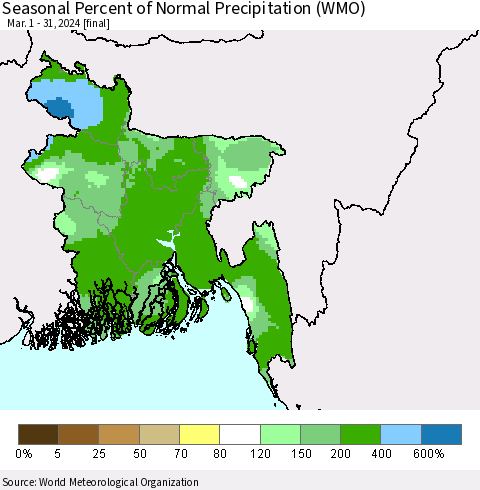Bangladesh Seasonal Percent of Normal Precipitation (WMO) Thematic Map For 3/1/2024 - 3/31/2024